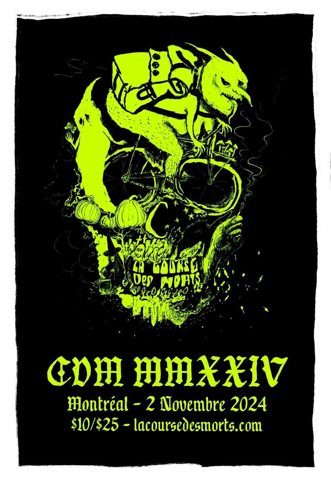 a green skull on a black background. the skull is a composite image of various haloween-y characters, including a goblin riding a bike, a ghost surrounded with pumpkins, a witch and a black cat.