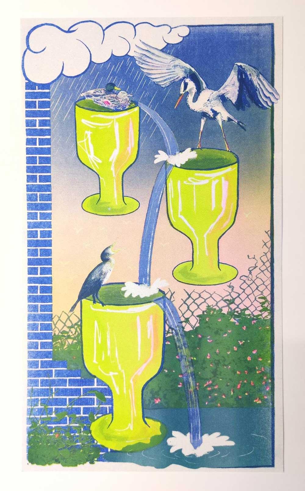 a four-colour risograph print which depicts various waterbirds - including ducks, heron, cormorants and seagulls flying in the background – interacting with three neon-green goblets which are spilling water into each other, in the style of canal locks.