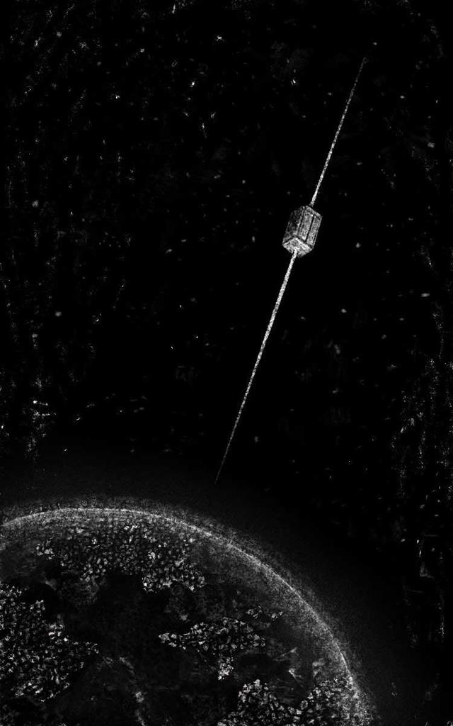 mostly-black drawing of a small box on a wire extending outward from a planet