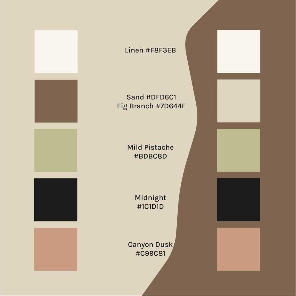 Résonances colour palette, including Linen, Sand, Fig Branch, Mild Pistache, Midnight and Canyon dusk.