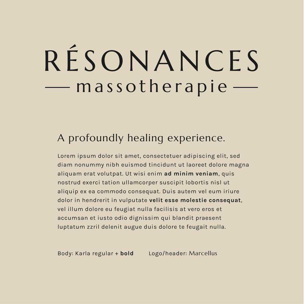 Resonances Massotherapie typography sample, using Karla regular + bold fonts and Marcellus for the logo.
